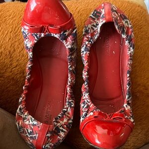 Louis Vuitton Red and Black Floral Ballet Flats with Patent Cap